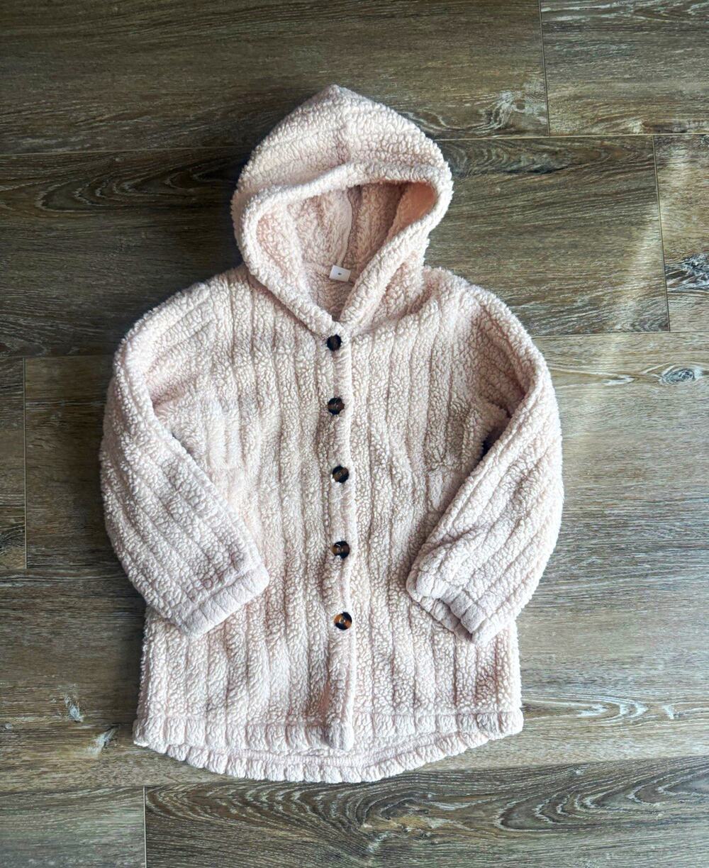 SHEIN Girls Beige Hooded Fleece Button Front Mid-Length Coat Size 6